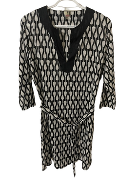 Echo Black and White Patterned Belted Tunic Dress Size Large